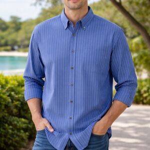 Van Heusen Never Tuck 2XL Men’s Blue White‎ Striped Button Down Big Tall